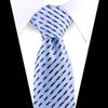 A light blue and white striped silk necktie tied in a knot against a white shirt.