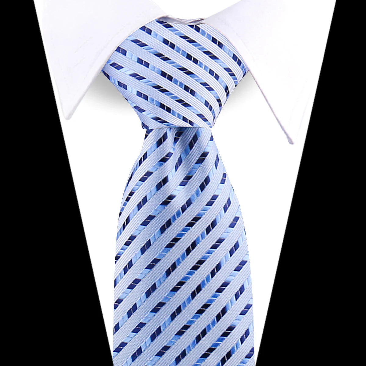 A light blue and white striped silk necktie tied in a knot against a white shirt.