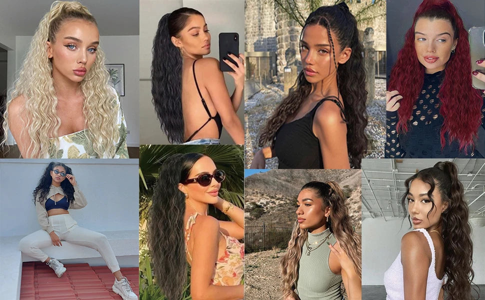 Collage de modèles présentant des extensions de cheveux en queue de cheval à cordon longs dans divers styles et couleurs.