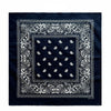 A dark blue bandana scarf with white paisley and floral embroidery on the border and a central square pattern.