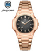A rose gold men's luxury quartz wristwatch with a black dial and luminous features.