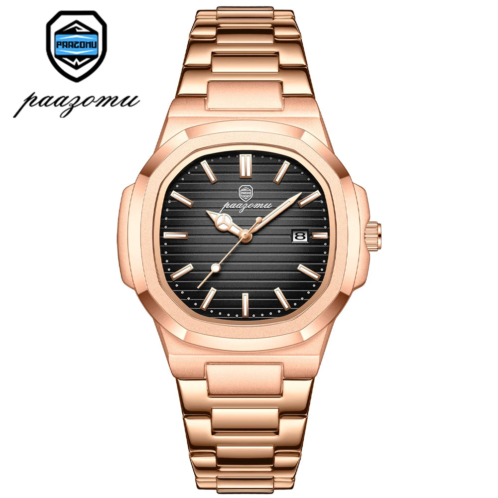 A rose gold men's luxury quartz wristwatch with a black dial and luminous features.