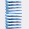 A set of twelve professional fixed hair pins in light blue for styling.