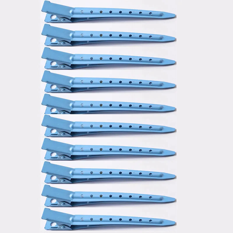 A set of twelve professional fixed hair pins in light blue for styling.