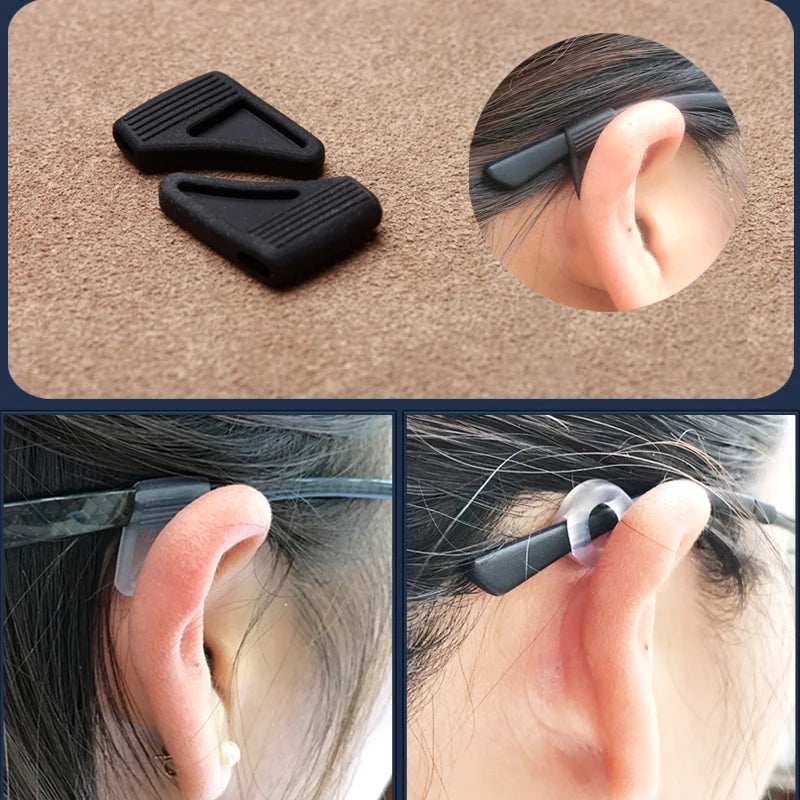 Black silicone ear grip hooks used to secure glasses and sunglasses on the ear.