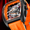 An orange luxury wine barrel quartz watch with a transparent case showing intricate internal mechanisms.