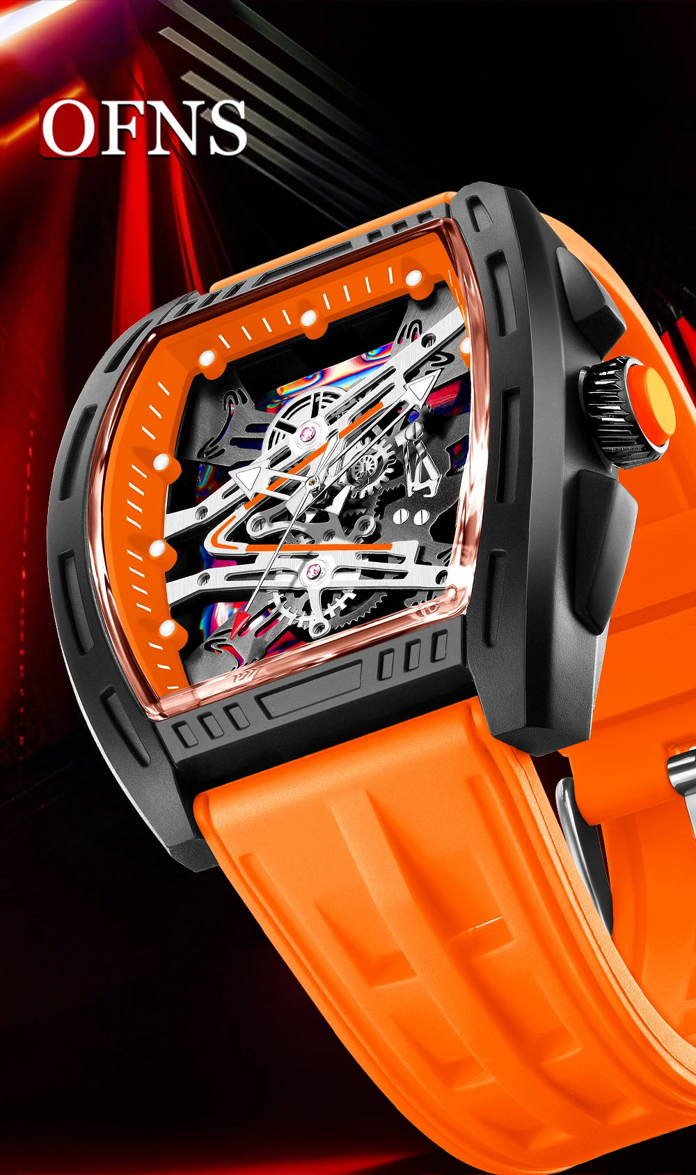 An orange luxury wine barrel quartz watch with a transparent case showing intricate internal mechanisms.