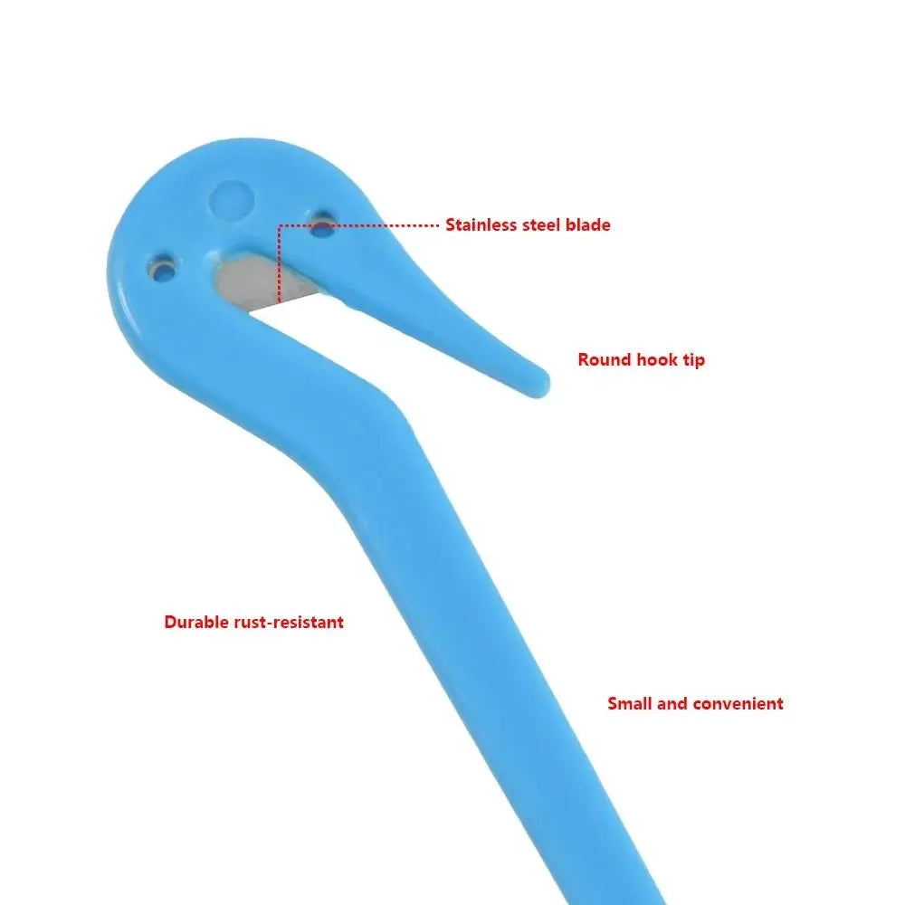 A blue hair elastic and rubber band remover tool with a stainless steel blade and round hook tip.