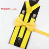 A set of yellow adjustable polyester suspenders and bow ties displayed on a black background.