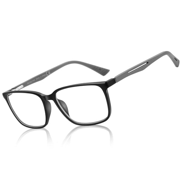 A pair of black square anti-blue light reading glasses with thin metal arms.