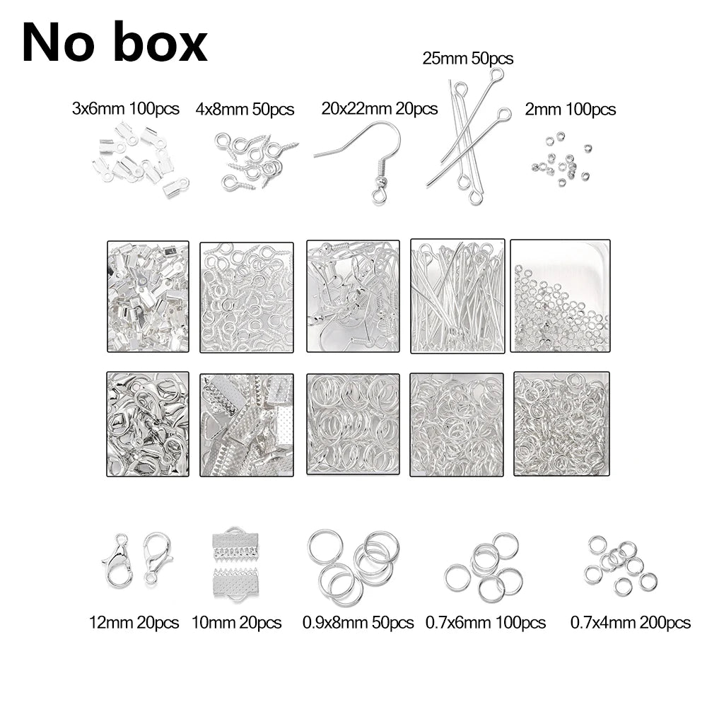 A collection of jewelry findings including clasps, hooks, jump rings, and various sizes of wire and beads.