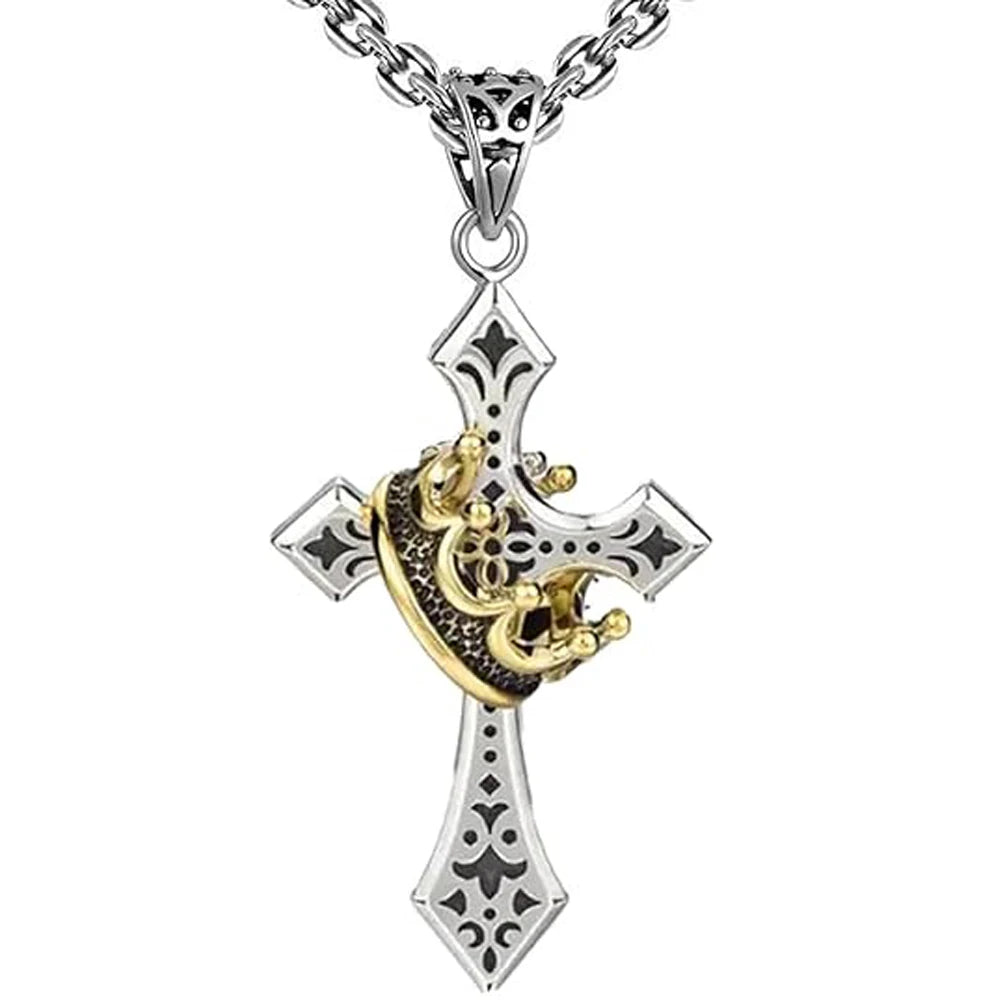 A silver stainless steel crown cross necklace with an ornate gold crown centerpiece and black accents.