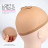A beige wig cap is shown being stretched onto a mannequin head, highlighting the wide elastic band for non-slip fit.