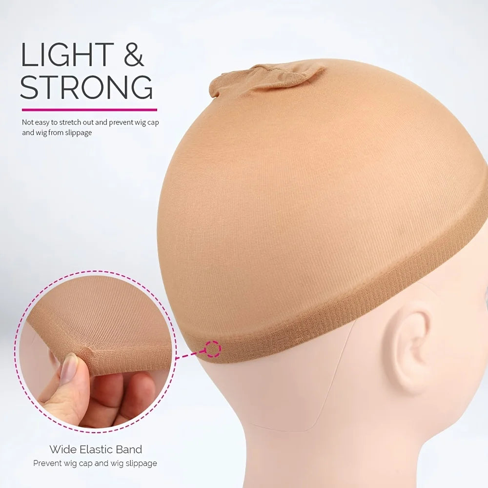 A beige wig cap is shown being stretched onto a mannequin head, highlighting the wide elastic band for non-slip fit.
