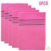 A set of five pink exfoliating bath washcloths with black stripes.