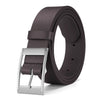 A dark brown men's luxury PU leather belt with a silver metal pin buckle shown from the side.