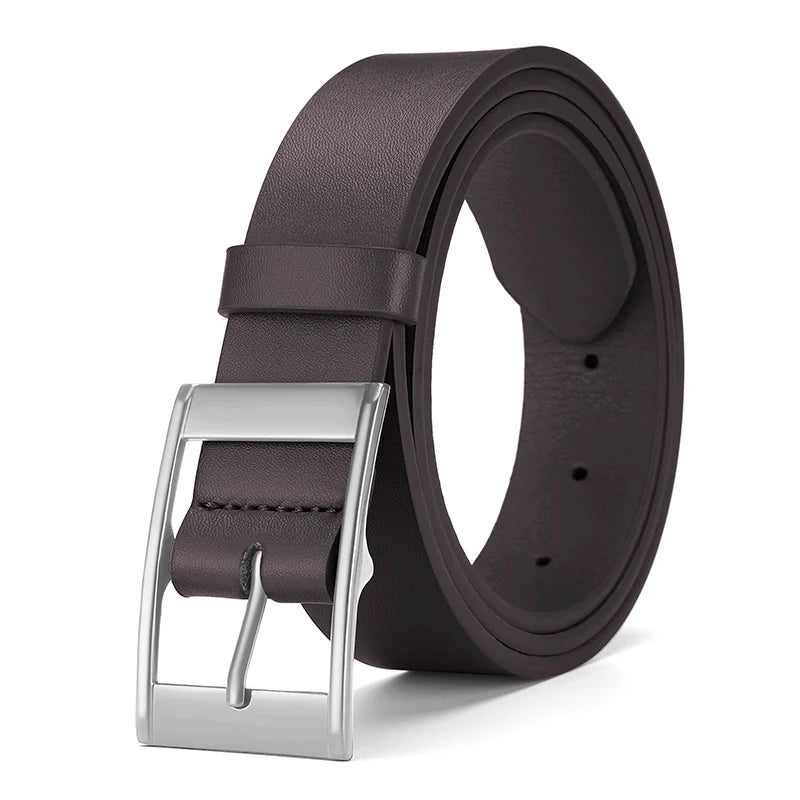 A dark brown men's luxury PU leather belt with a silver metal pin buckle shown from the side.