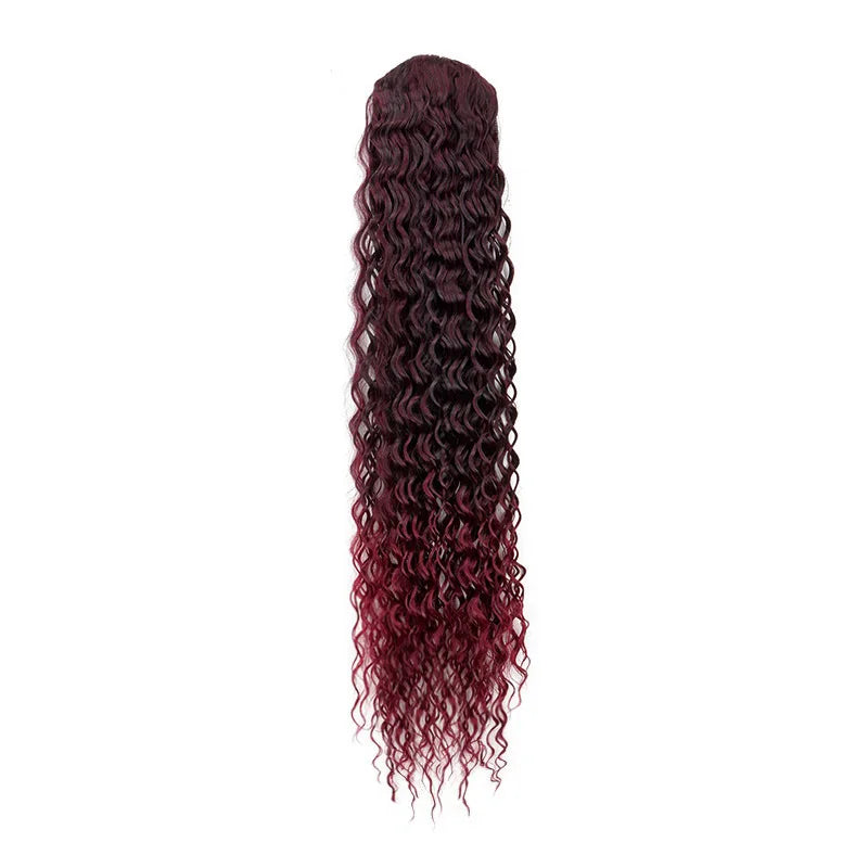 Long, dark burgundy water wave curly hair extension with a drawstring ponytail.