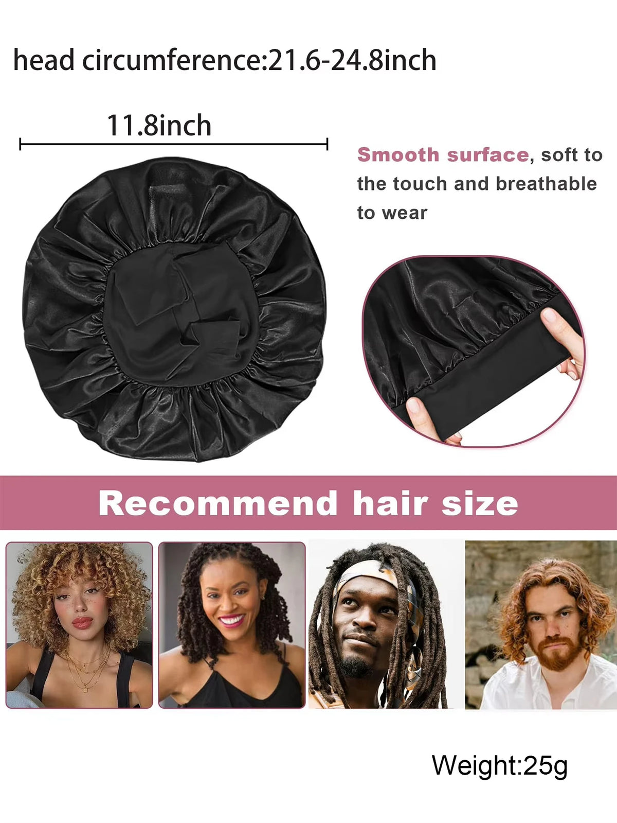 Bonnet pour cheveux en soie satinée noire avec mesures et tailles recommandées.