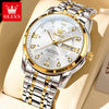 A silver stainless steel watch with a gold-toned bezel and white face featuring Roman numerals and a crown motif.
