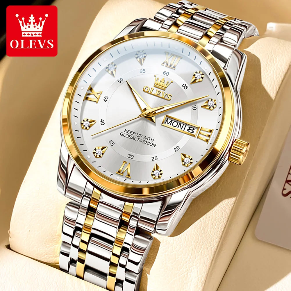A silver stainless steel watch with a gold-toned bezel and white face featuring Roman numerals and a crown motif.