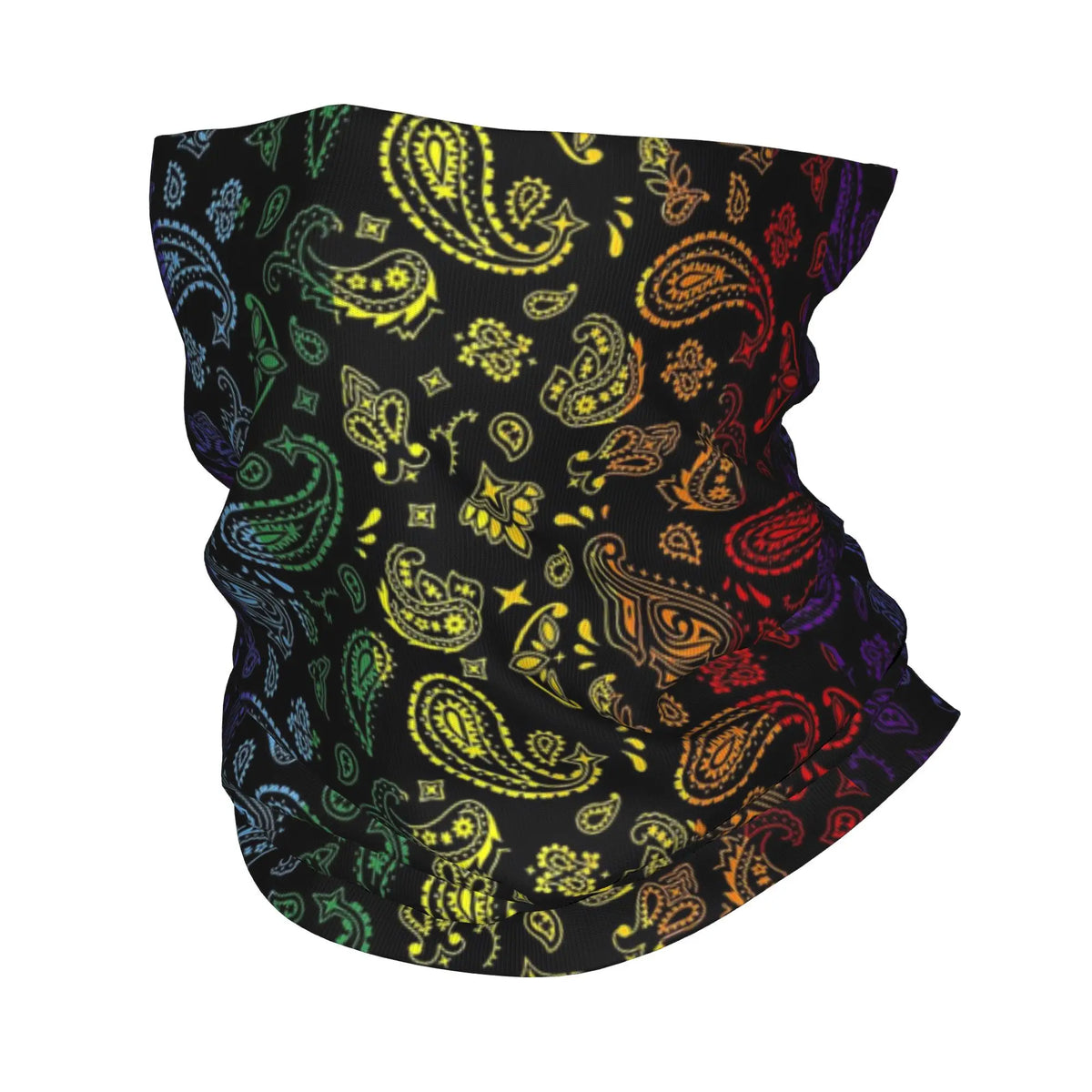 Buff (gaiter) negro con estampado paisley colorido en tonos amarillo, verde, naranja y rojo.