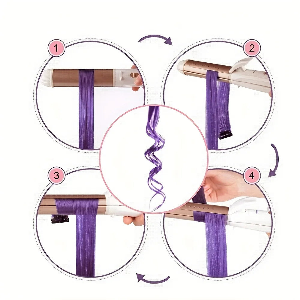 Demonstration of applying purple hair extensions using a heat styling tool.