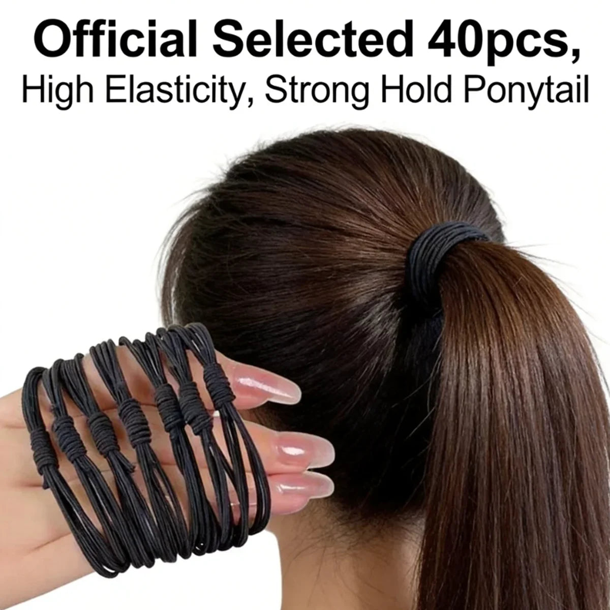 Black elastic hair ties used to secure a ponytail on a woman's dark brown hair.