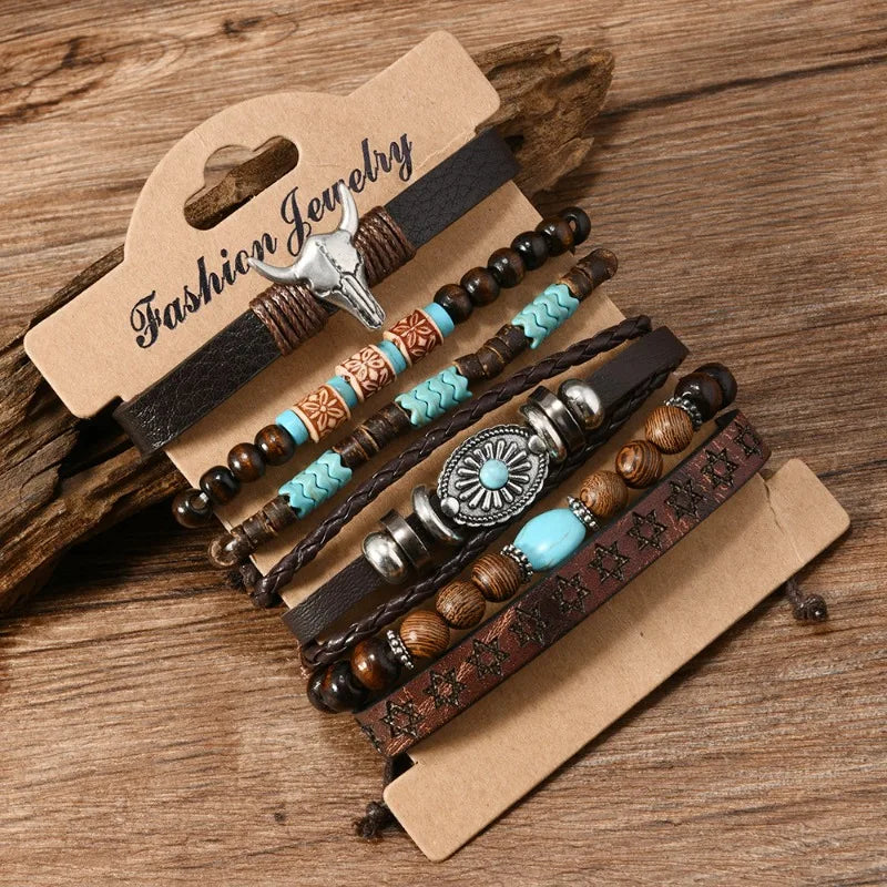 A set of handcrafted retro western beaded bracelets displayed on brown kraft paper.