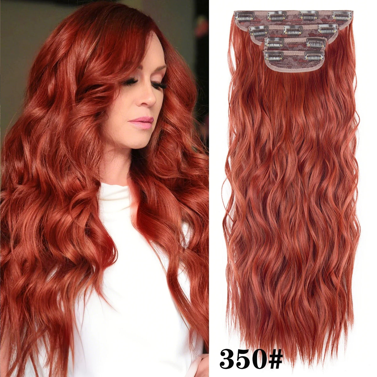 Long, wavy, reddish-orange ombre hair with decorative clips