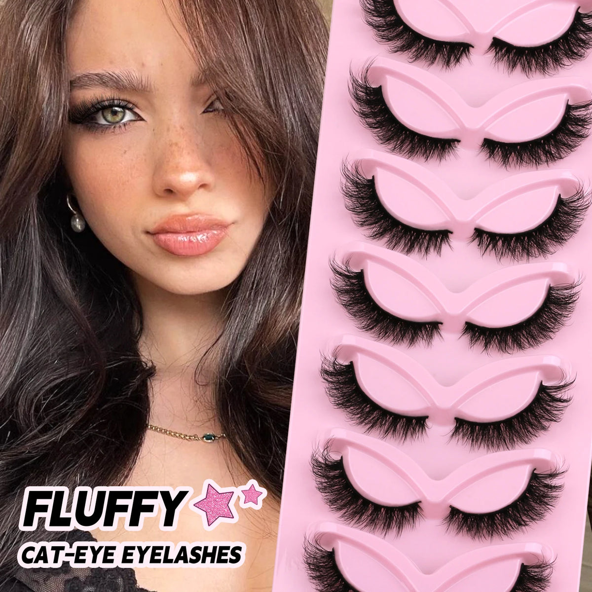 A close-up of a model wearing fluffy pink cat-eye eyelashes on her eyes.
