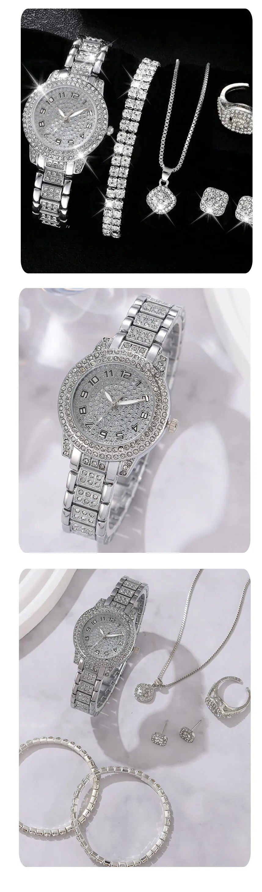 Ein Set eleganter Quarzkristall-Armbanduhren für Damen, inklusive Uhr, Armband und Halskette.