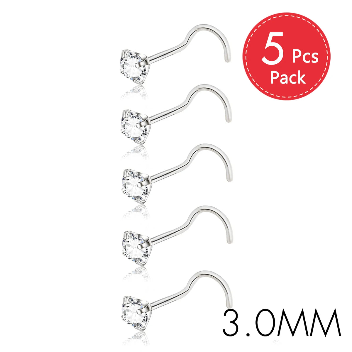 Five pieces of stainless steel nostril studs with crystal and gold finish, 3.0mm size.