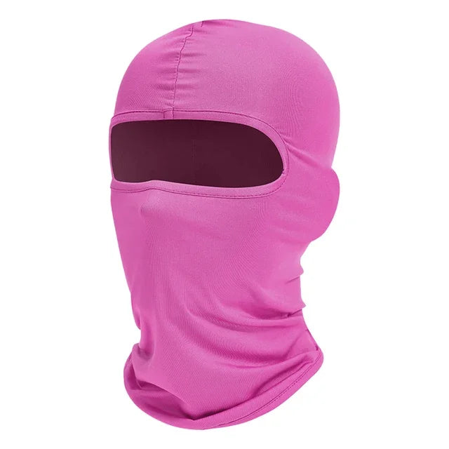A bright pink tactical full face balaclava worn by a person.