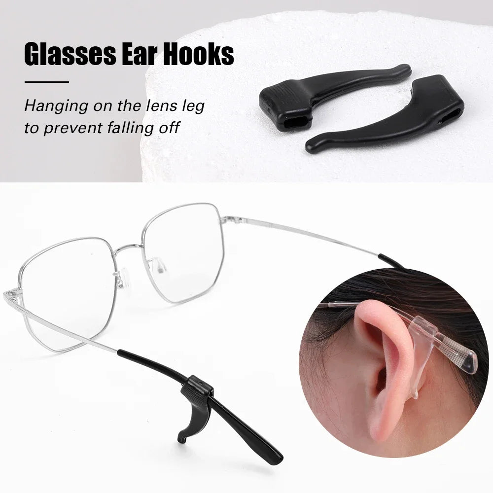 Black silicone ear hooks designed to hang on the lens leg of glasses to prevent falling off