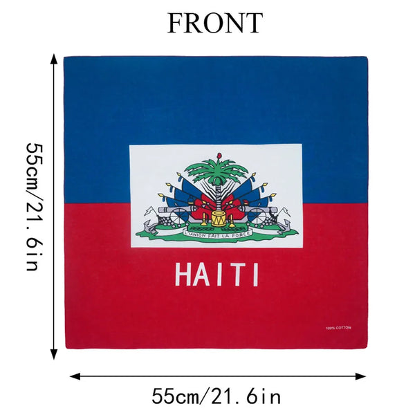 قماش مستطيل يحمل علم هايتي مع كلمة HAITI باللون الأبيض على خلفية حمراء.
