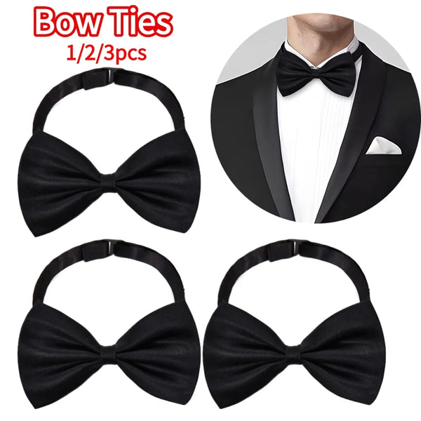 Set of three black knit bow ties for men shown with a close-up of a necktie arrangement.