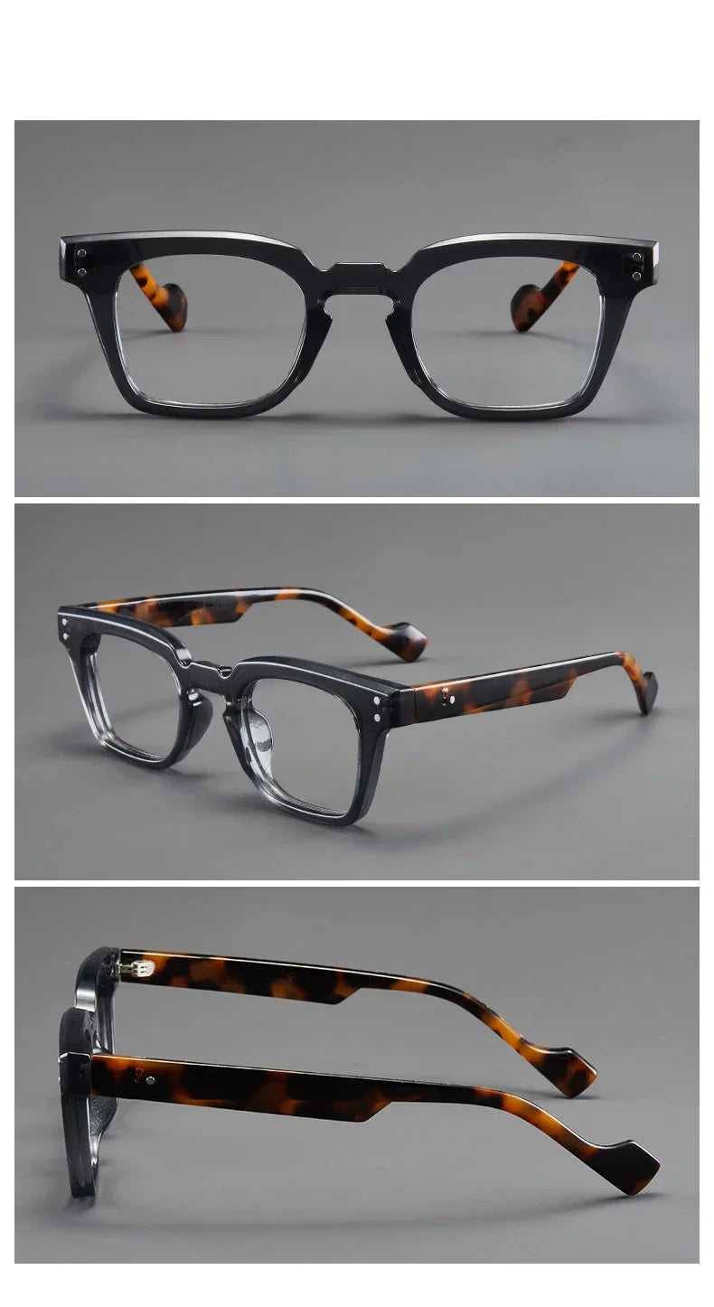 Paire de lunettes de lecture en acétate noir avec embouts à tortoiseshell, vues sous plusieurs angles.