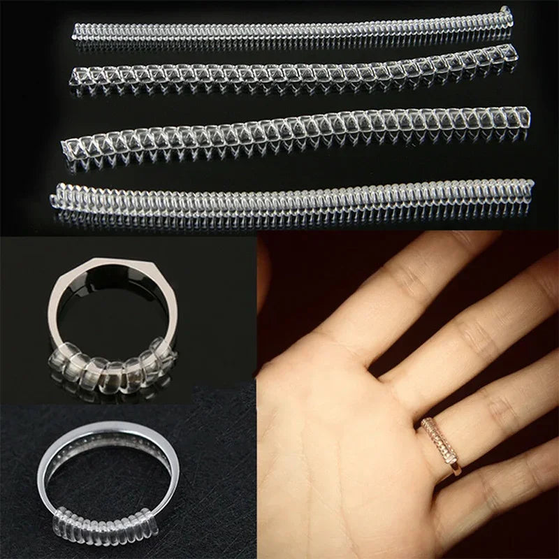 A set of four clear plastic invisible ring size adjusters shown in various arrangements and on a hand.