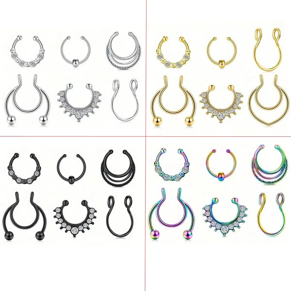 A collection of six faux septum and nose ring jewelry pieces in various styles and metals.