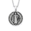 Vintage stainless steel pendant necklace featuring a saint and exorcism theme.
