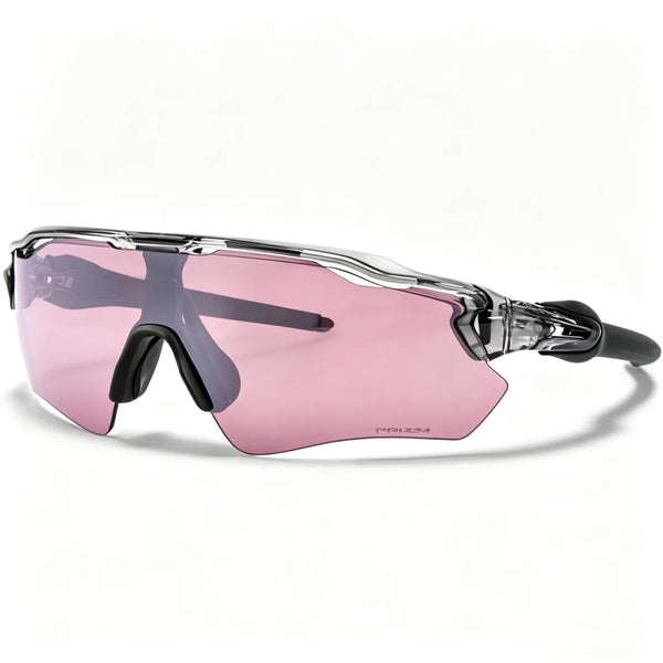 Pink polarized cycling sunglasses with a black frame shown against a white background.