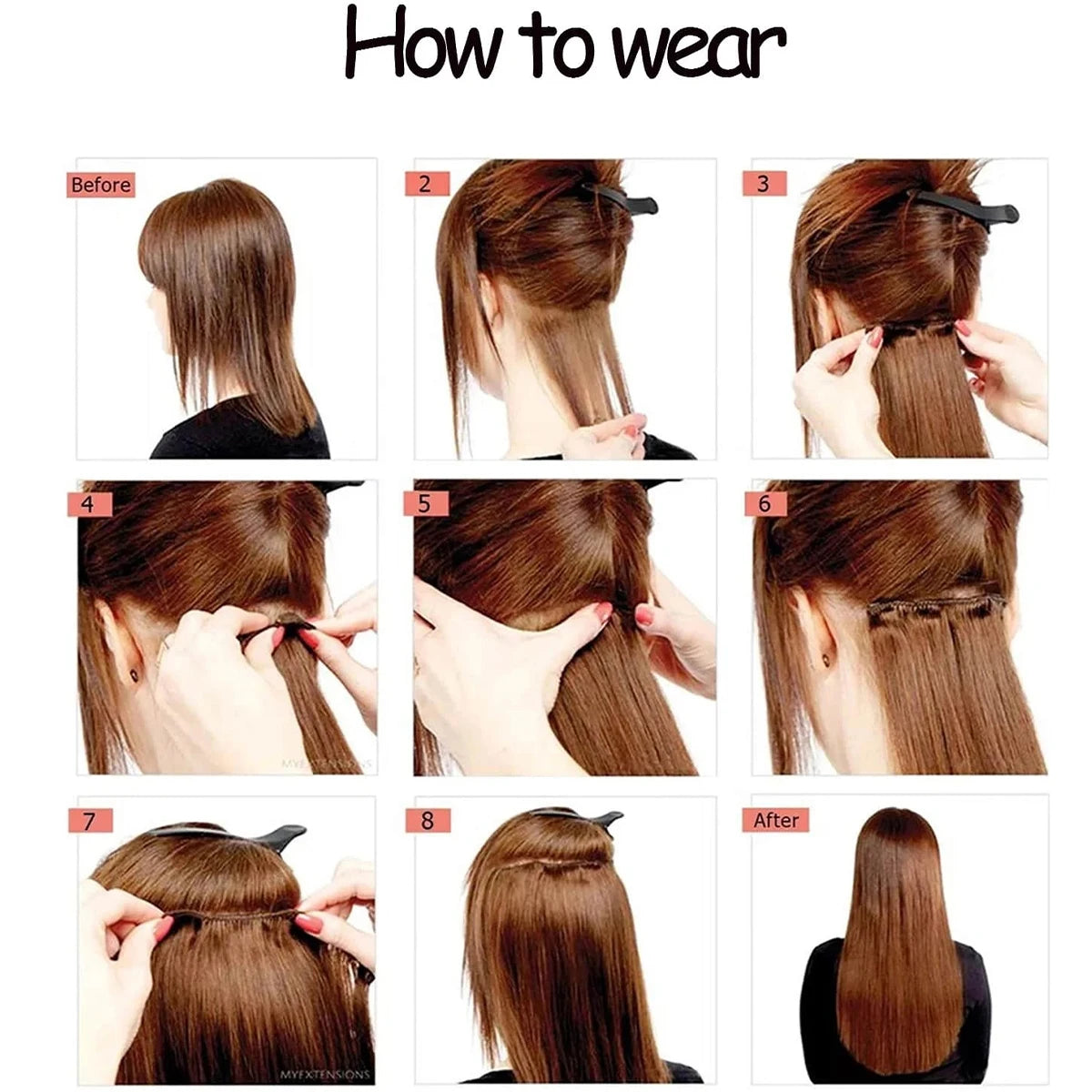 Step-by-step guide showing how to wear 16-clip synthetic hair extensions for curly waves