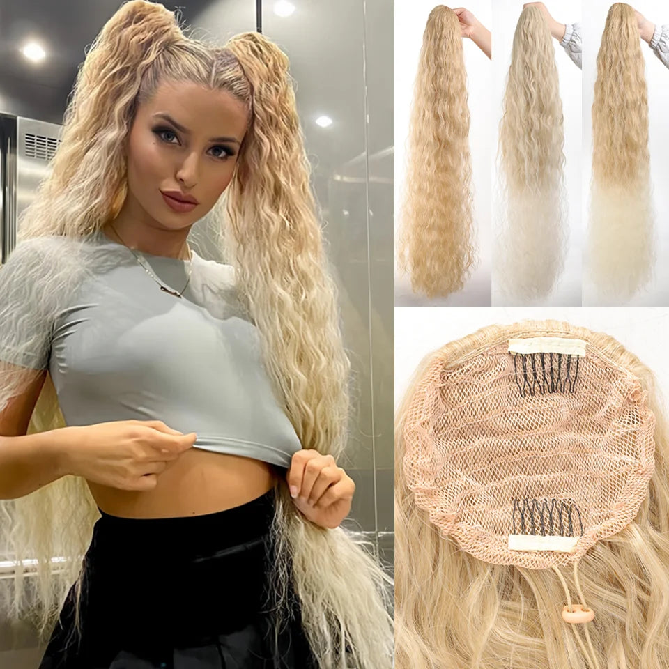 Long blonde hair extensions shown in various styles and lengths, including a full length and a partial extension.