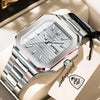 A stainless steel quartz watch with a silver dial and bracelet is displayed in a light-colored box.