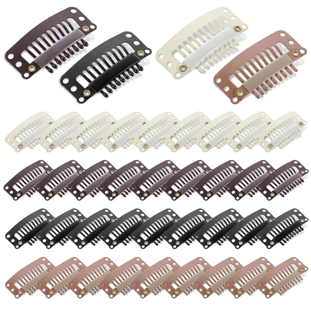 Various hair extension snap clips and combs in various colors and styles for wigs