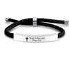 Black and silver scripture quote bracelet with Trust in the Lord Prov 3:5 engraved on the silver band