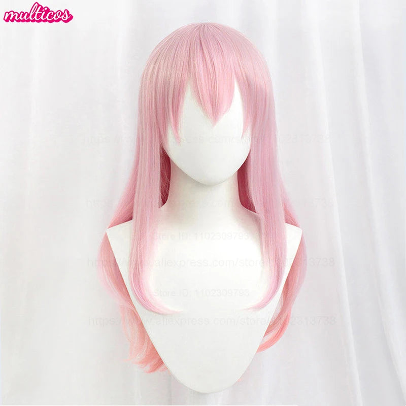 A long pink ombre cosplay wig displayed on a white mannequin.