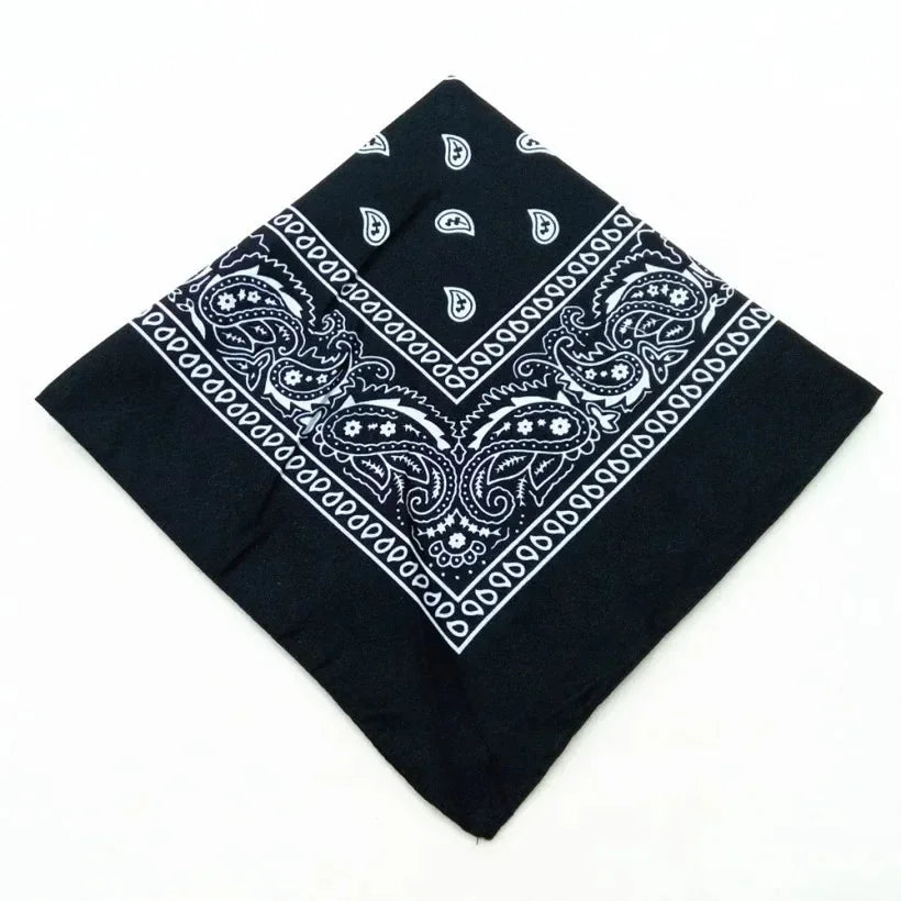 Black cotton bandana scarf featuring white paisley and geometric patterns