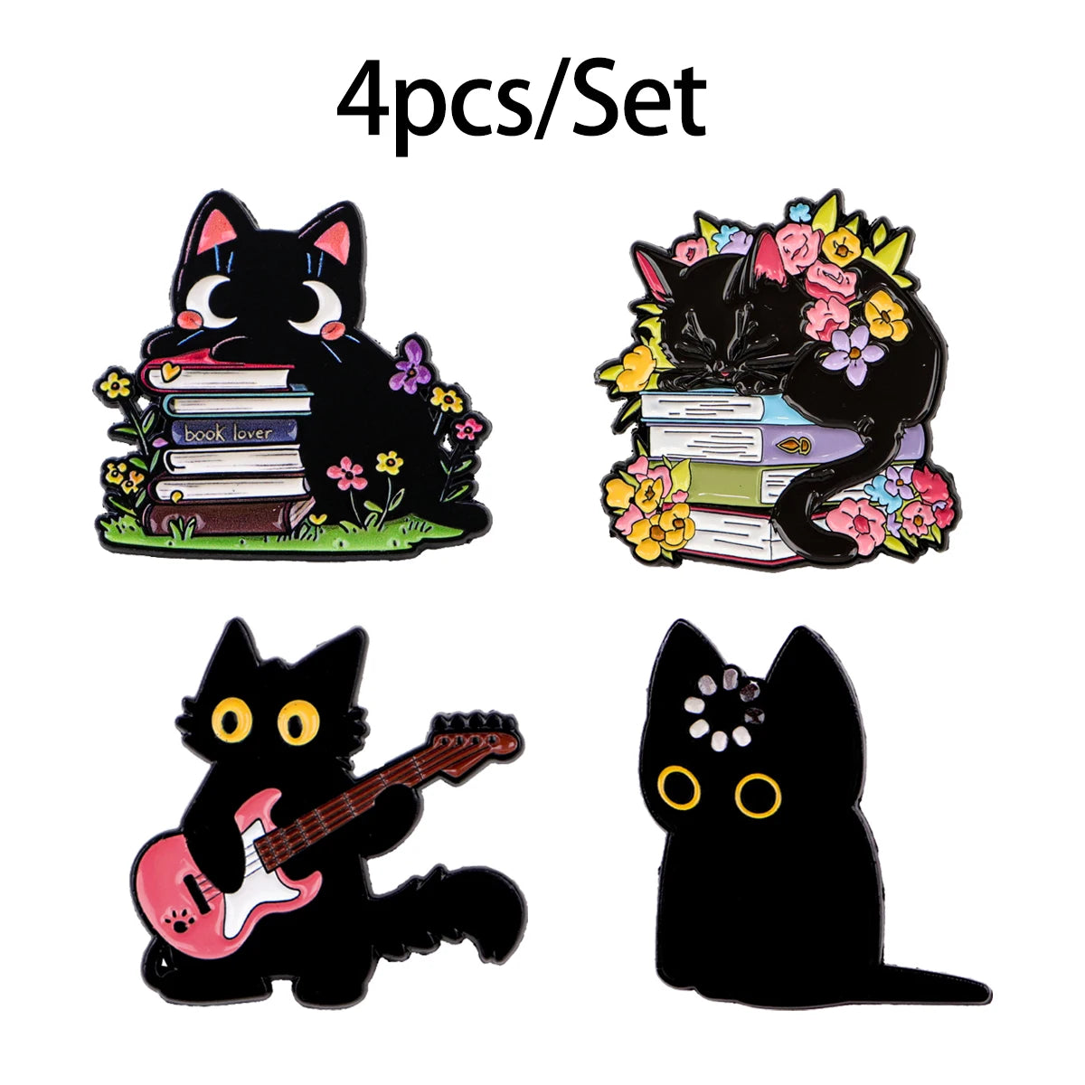 A set of four cute black cat enamel brooches, including a guitar-themed piece.